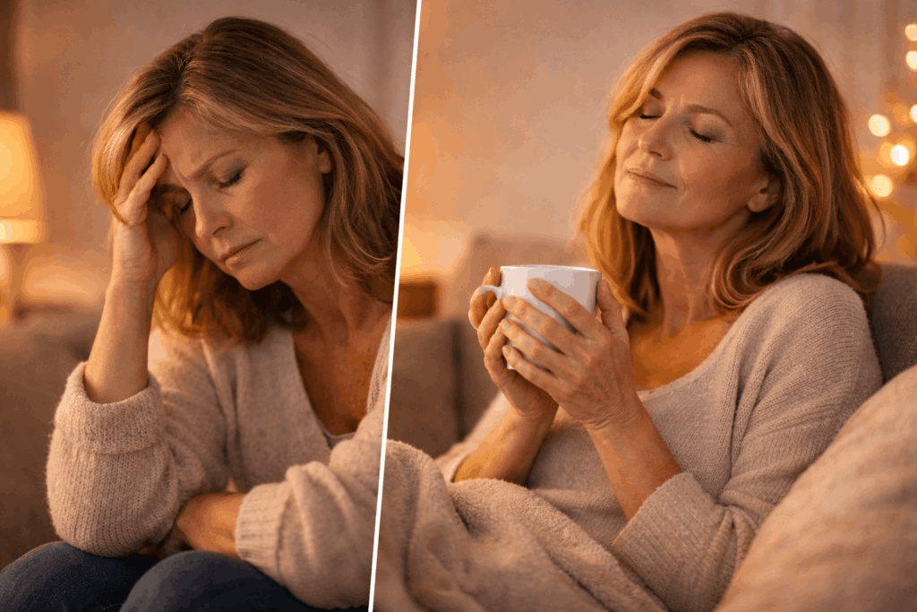 Frau in der Perimenopause zeigt Stress und Entspannung im Vergleich durch hormonelle Veränderungen und beruhigtes Nervensystem