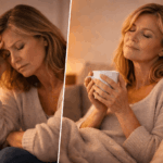 Frau in der Perimenopause zeigt Stress und Entspannung im Vergleich durch hormonelle Veränderungen und beruhigtes Nervensystem