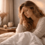 Frau sitzt morgens gestresst im Bett und hält sich den Kopf durch erhöhten Cortisolspiegel