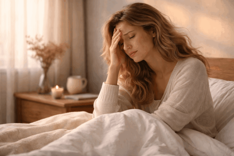 Frau sitzt morgens gestresst im Bett und hält sich den Kopf durch erhöhten Cortisolspiegel