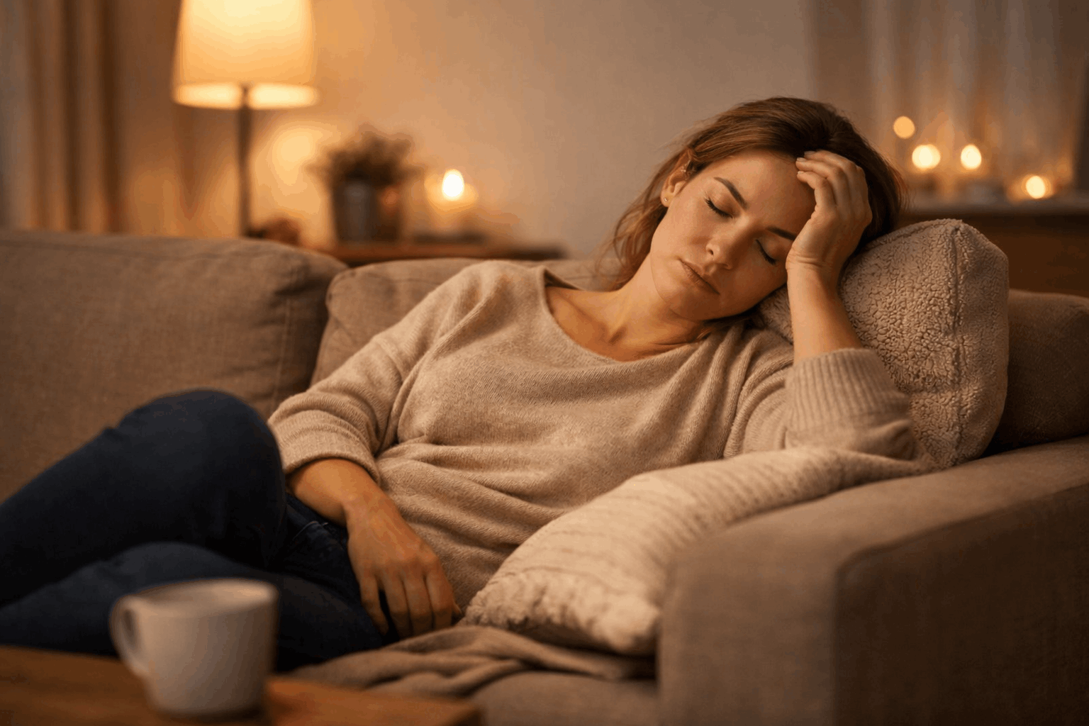 Erschöpfte Frau sitzt müde auf dem Sofa am Abend in warmer ruhiger Atmosphäre