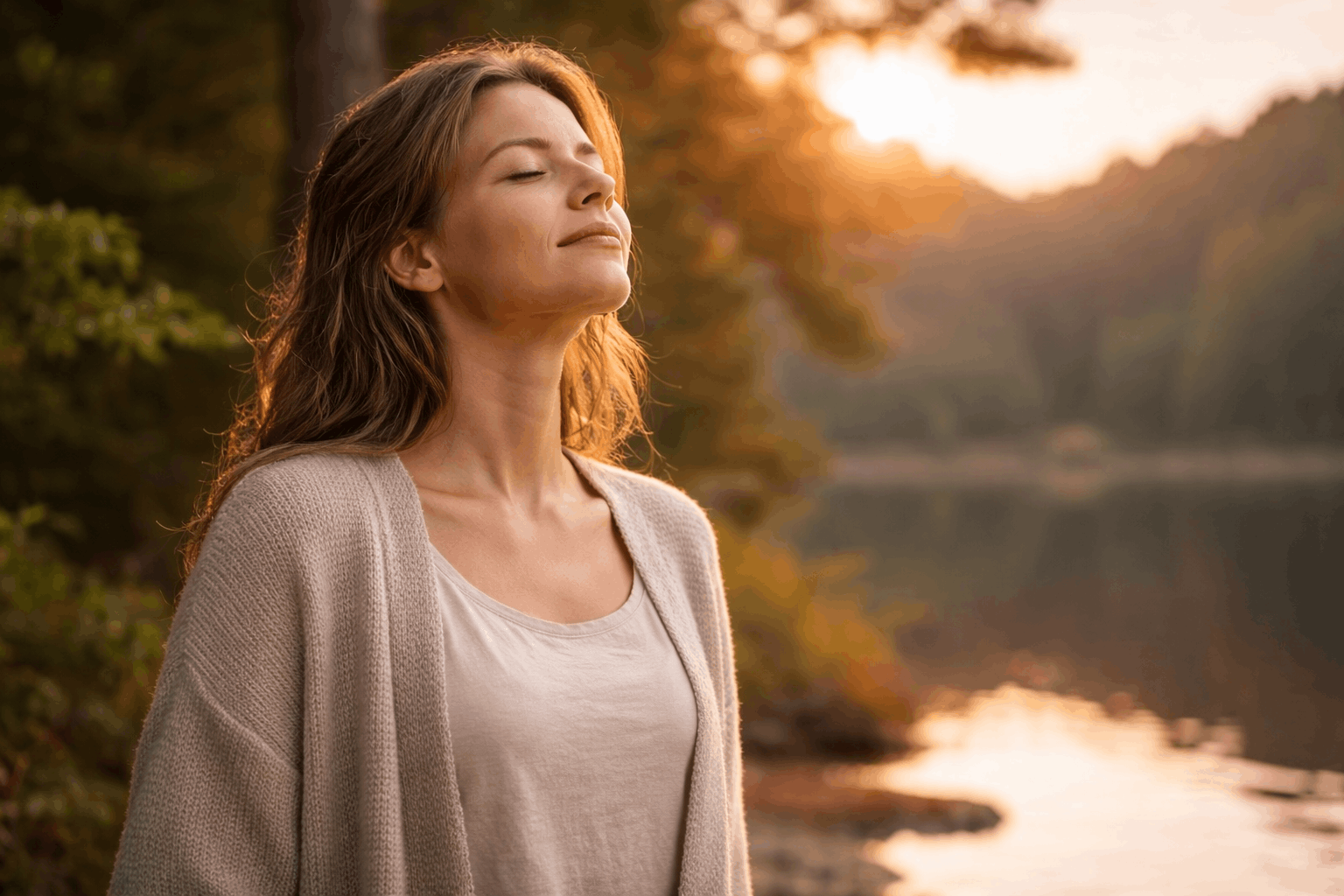 Frau atmet tief durch in der Natur und beruhigt ihr Nervensystem für mehr innere Ruhe und weniger Stress