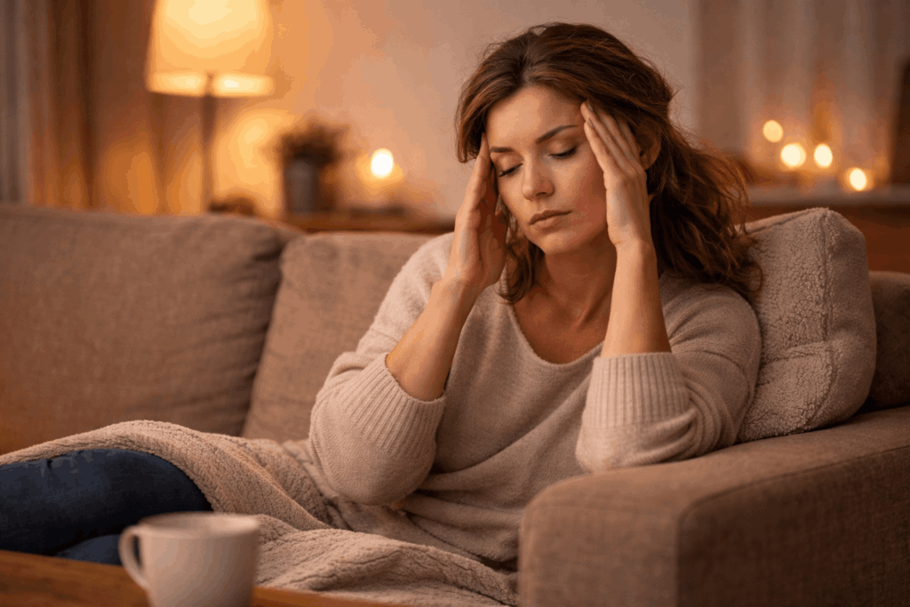 Frau wirkt erschöpft und gleichzeitig ruhig in warmer Atmosphäre als Symbol für Stressabbau und Energie zurückgewinnen