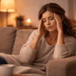 Frau wirkt erschöpft und gleichzeitig ruhig in warmer Atmosphäre als Symbol für Stressabbau und Energie zurückgewinnen