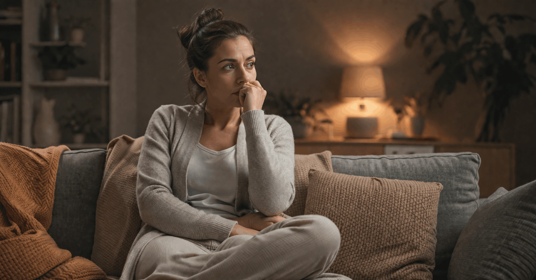 Frau sitzt auf dem Sofa und wirkt innerlich angespannt beim Ausruhen – Schuldgefühle loswerden und Nervensystem beruhigen