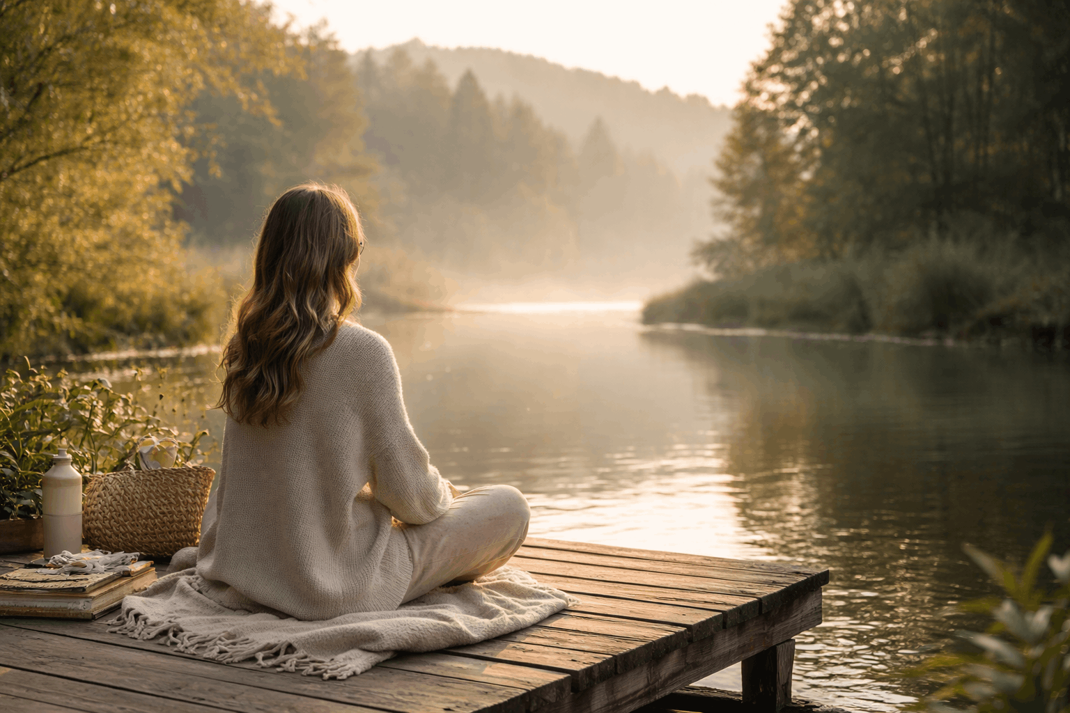 Frau sitzt entspannt am See in ruhiger Natur und findet innere Ruhe – Nervensystem beruhigen und Stress loslassen