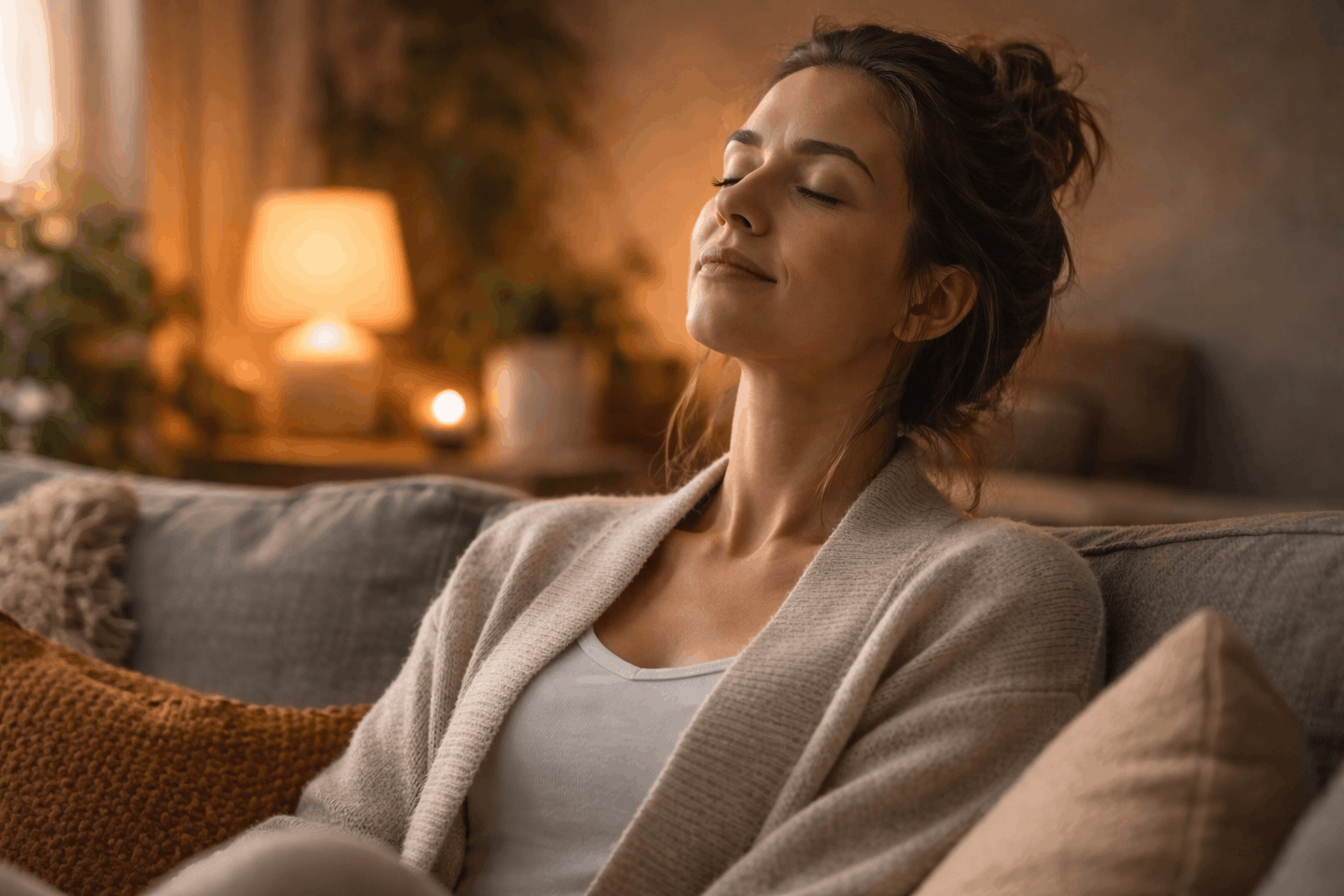 Frau entspannt mit geschlossenen Augen auf dem Sofa bei warmem Licht – Nervensystem beruhigen und innere Ruhe finden