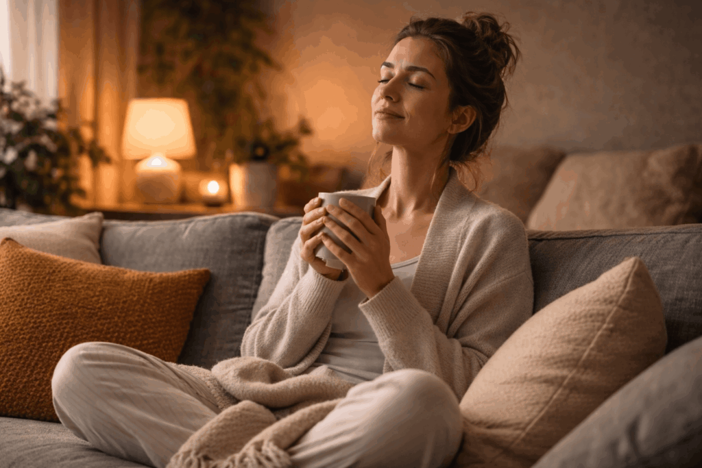 Frau entspannt mit geschlossenen Augen in ruhiger Atmosphäre – Schuldgefühle loswerden und Nervensystem beruhigen