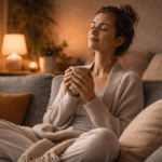 Frau entspannt mit geschlossenen Augen in ruhiger Atmosphäre – Schuldgefühle loswerden und Nervensystem beruhigen