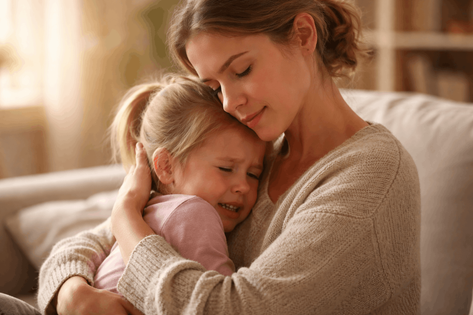 Mutter beruhigt weinendes Kind liebevoll im Arm warmes Licht Co-Regulation