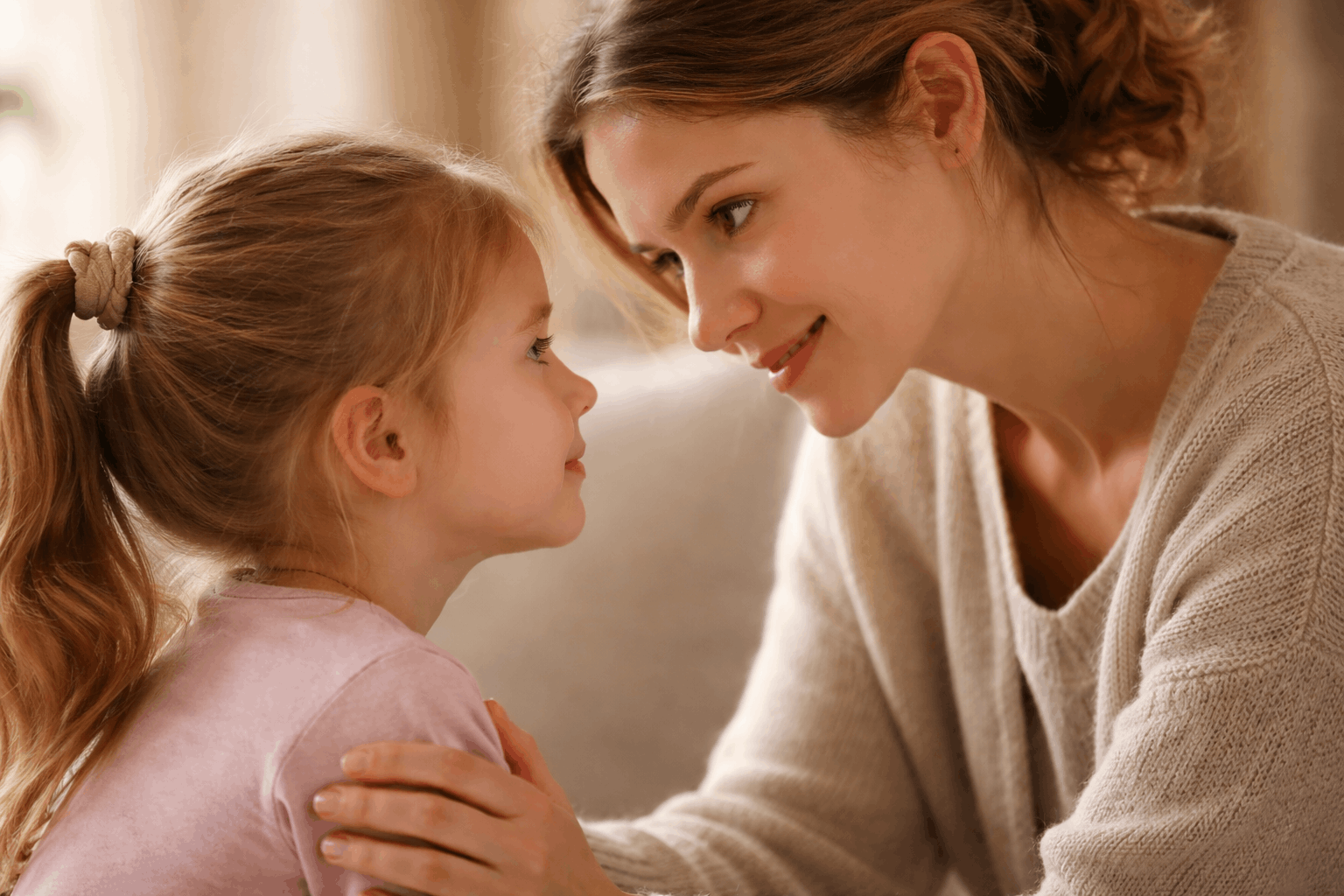 Mutter spricht ruhig mit Kind auf Augenhöhe Co-Regulation Nervensystem regulieren