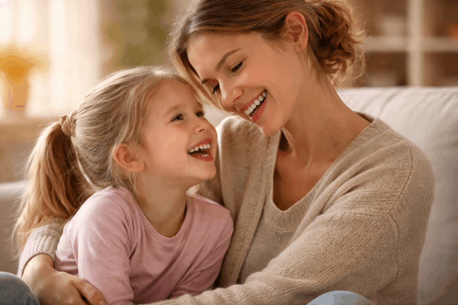 Mutter und Kind lachen entspannt zusammen Co-Regulation emotionale Verbindung stärken