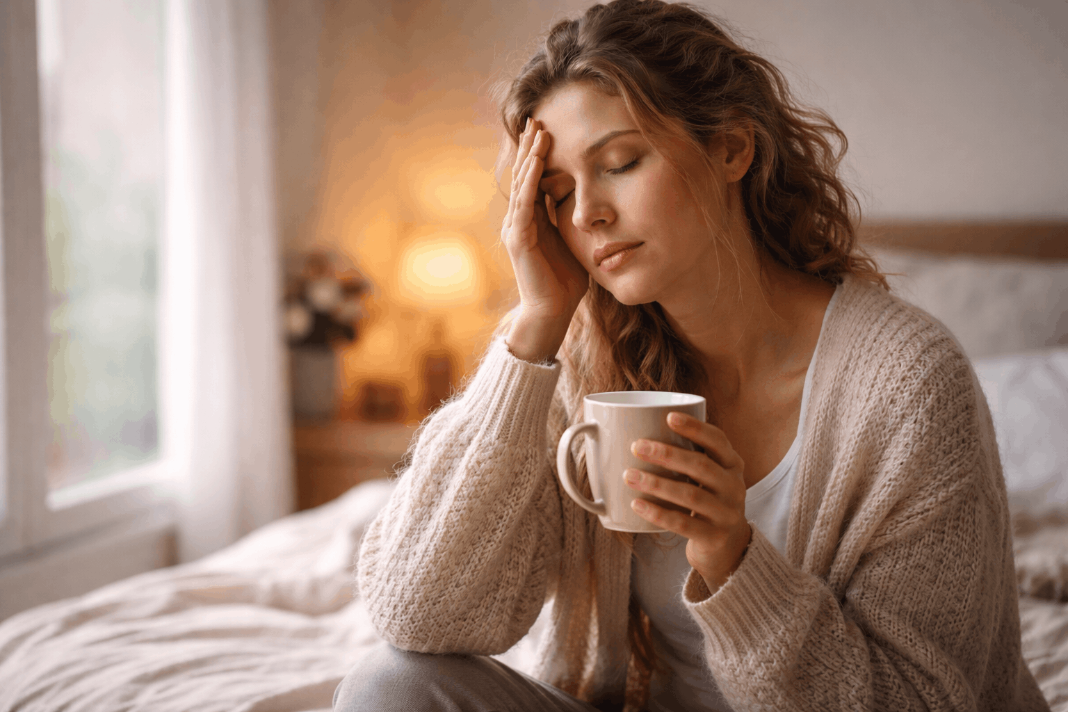 Mama erschöpft sitzt morgens mit Kaffee am Fenster und wirkt müde im Alltag