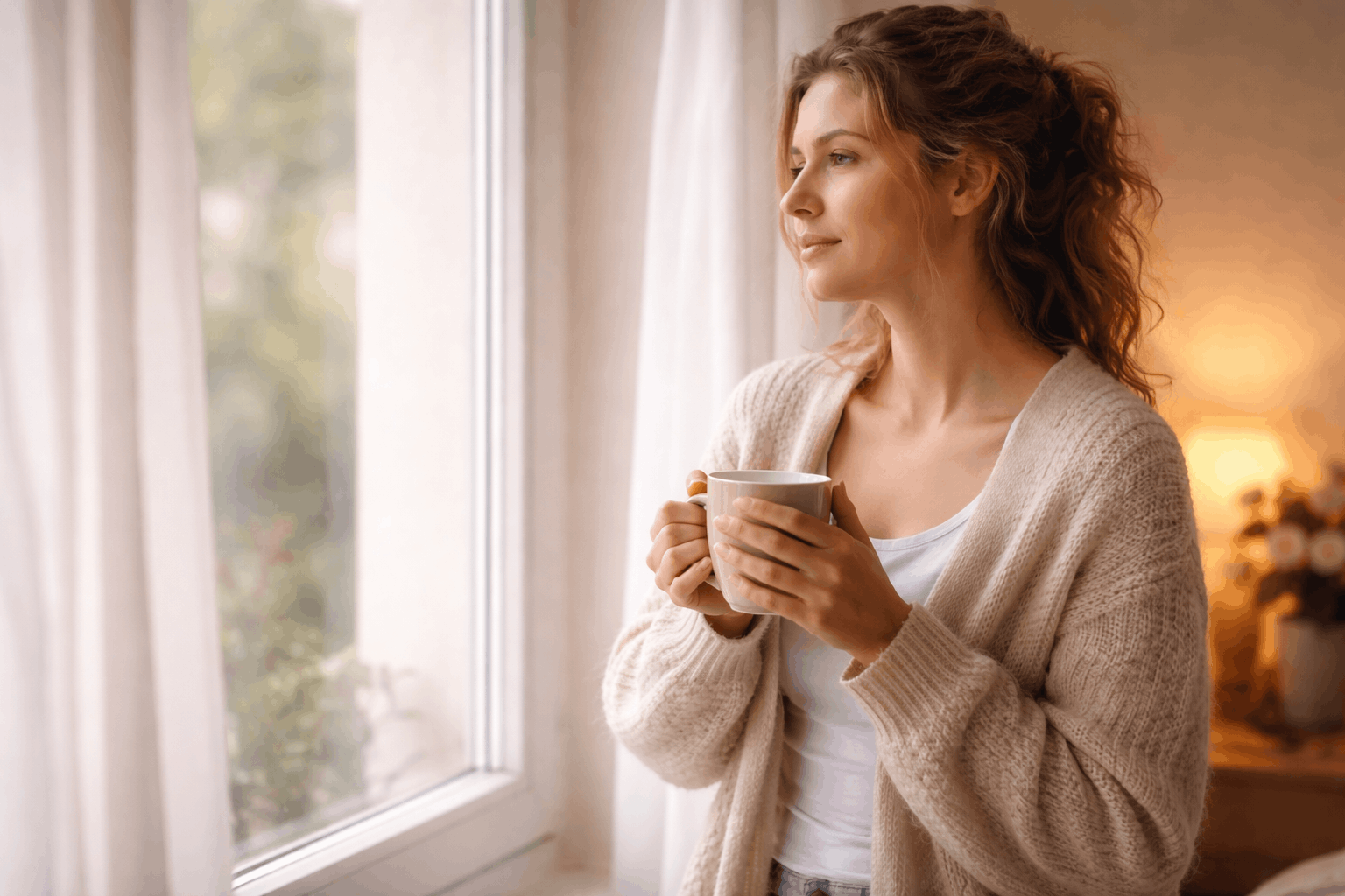 Frau am Fenster mit Tee genießt ruhige Auszeit und findet Entspannung im Alltag