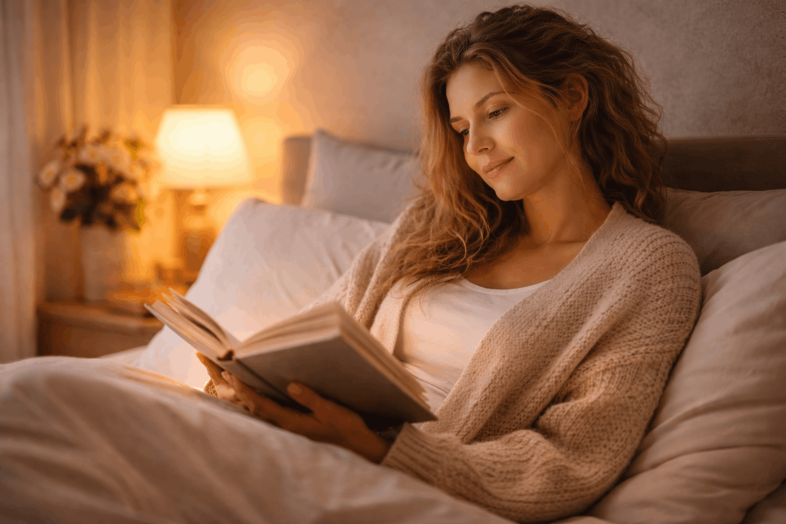 Mama liegt abends entspannt im Bett bei sanftem Licht und findet Ruhe nach einem stressigen Tag