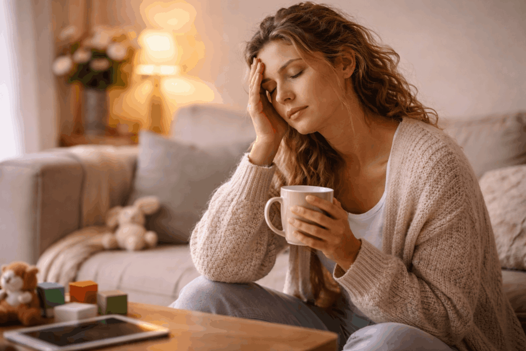 Mama erschöpft sitzt nachdenklich im Alltag und fühlt sich müde und ausgelaugt