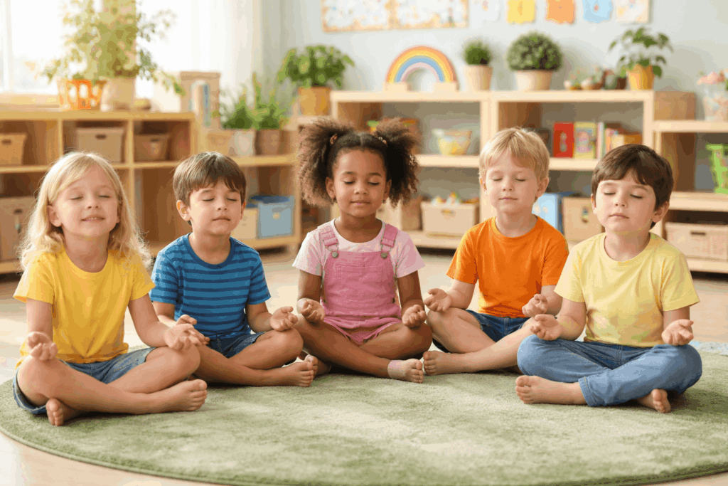 Kinder im Kindergarten sitzen im Kreis und machen Entspannungsübungen zur Förderung von Achtsamkeit und Ruhe im Kita-Alltag