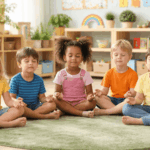 Sanfte Ruheübungen: 10 Ideen für den Kindergarten Kinder im Kindergarten sitzen im Kreis und machen Entspannungsübungen zur Förderung von Achtsamkeit und Ruhe im Kita-Alltag