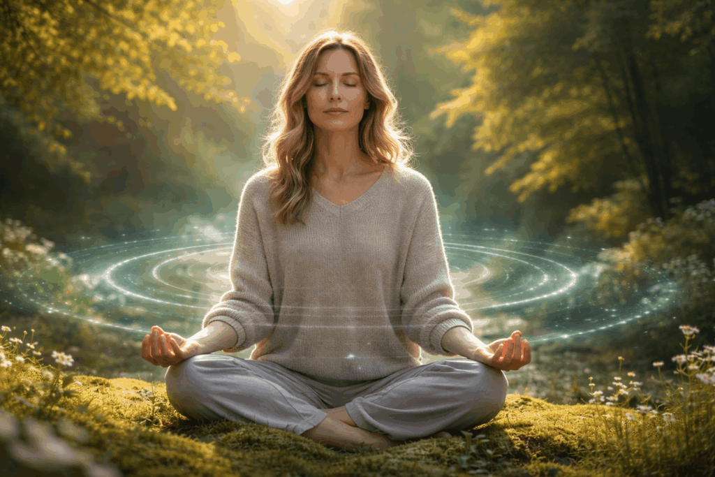 Frau meditiert in der Natur mit ruhiger Atmosphäre zur Schumann Frequenz und innerer Entspannung