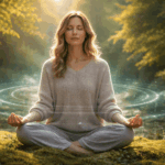 Frau meditiert in der Natur mit ruhiger Atmosphäre zur Schumann Frequenz und innerer Entspannung