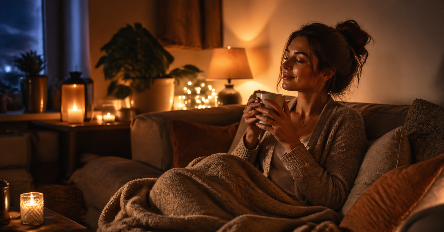 Frau sitzt entspannt mit Tee auf dem Sofa in warmer Abendstimmung und beruhigt ihr Nervensystem