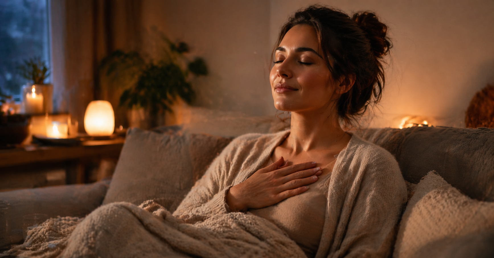 Frau mit geschlossenen Augen legt Hand auf ihr Herz und beruhigt ihr Nervensystem in ruhiger Atmosphäre