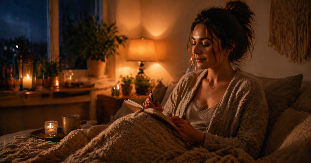Frau schreibt abends entspannt in ihr Journal bei Kerzenlicht und beruhigt ihr Nervensystem