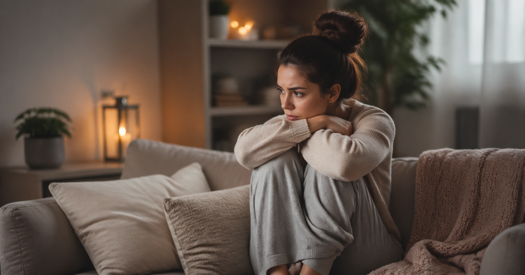 Frau sitzt angespannt auf dem Sofa trotz ruhiger Umgebung und zeigt innere Unruhe durch überlastetes Nervensystem