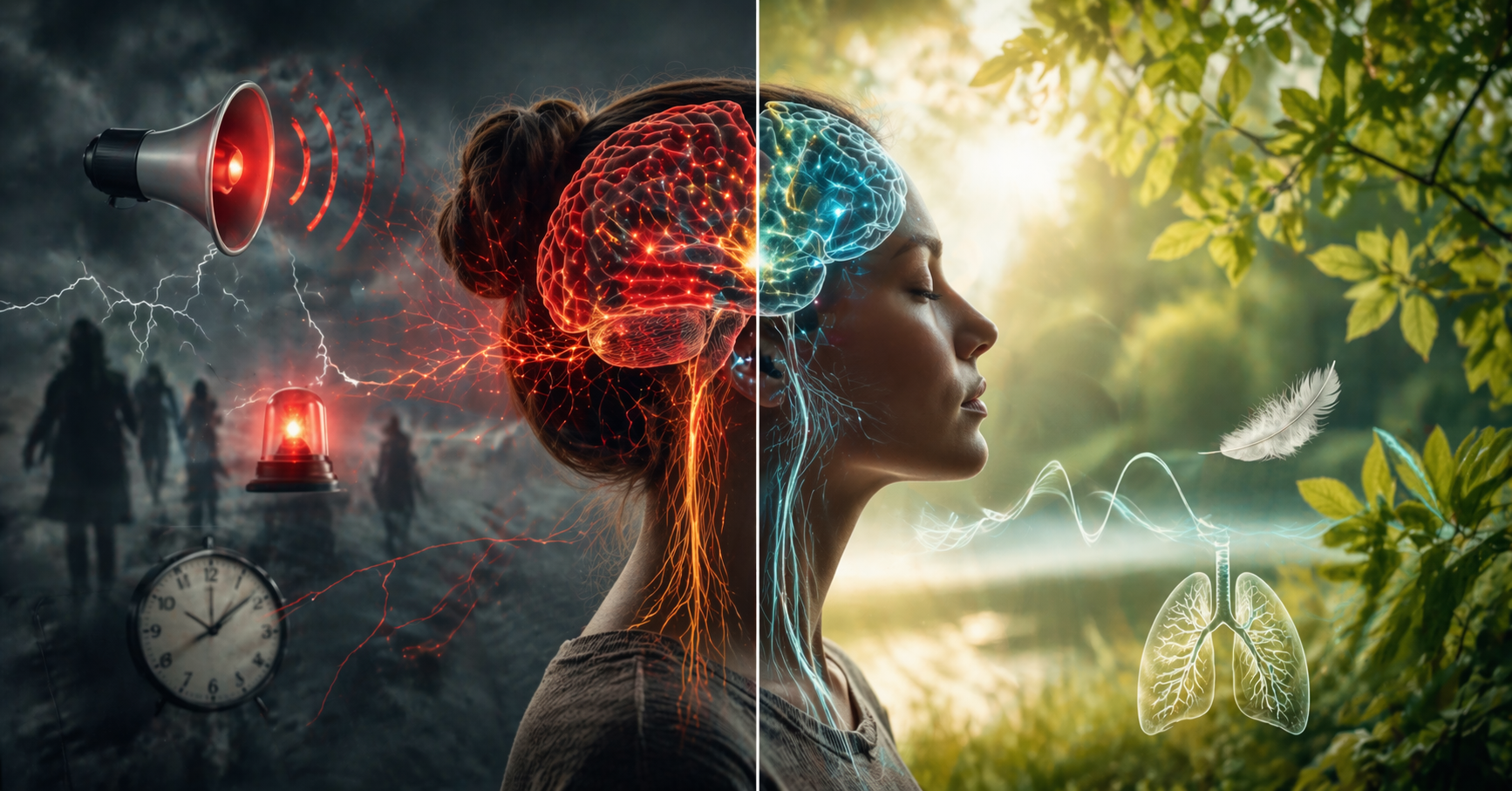 Illustration des Nervensystems zeigt Unterschied zwischen Stressmodus Alarm und Entspannungsmodus Ruhe