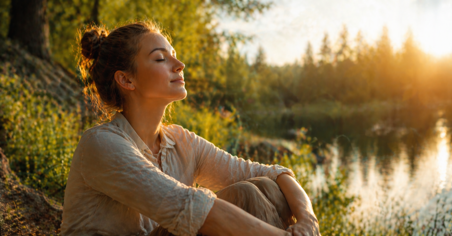 Frau entspannt in der Natur zeigt Ruhe und ausgeglichenes Nervensystem ohne Stress und innere Unruhe