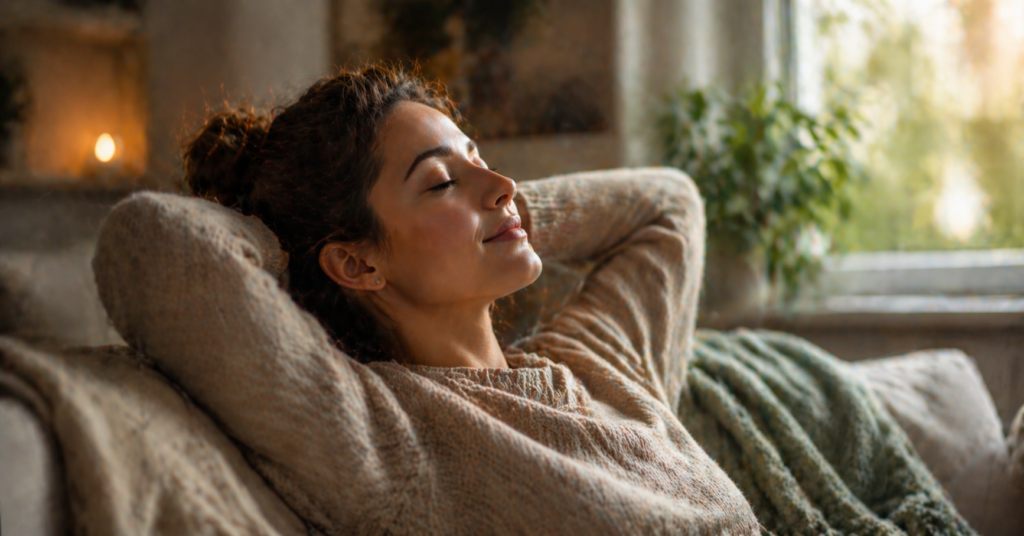 Frau sitzt ruhig und nachdenklich in entspannter Umgebung zeigt Nervensystem zwischen innerer Unruhe und Ruhe