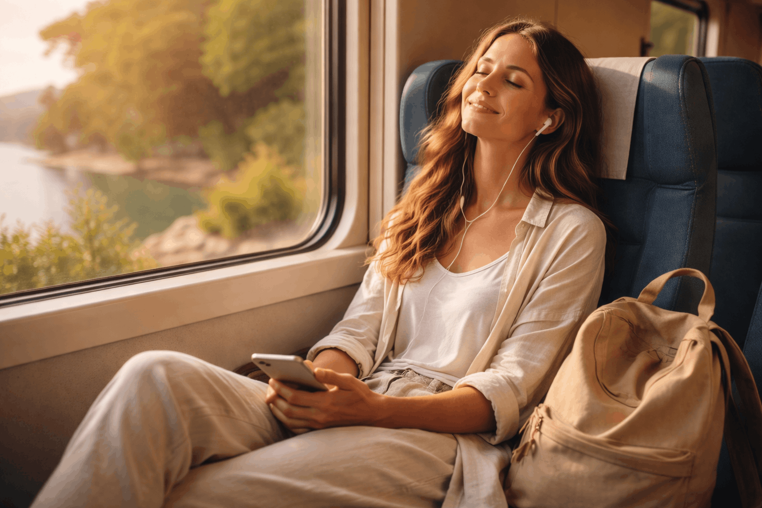 Entspannte Frau im Zug beruhigt ihr Nervensystem und reist stressfrei
