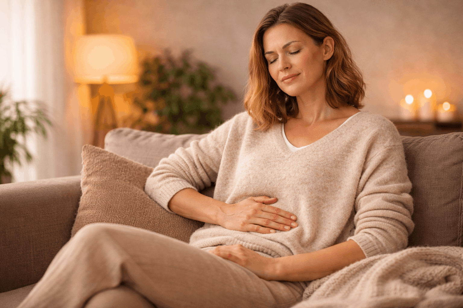 Frau sitzt entspannt mit Hand auf dem Bauch und beruhigt ihr Nervensystem bei Blähbauch durch Stress