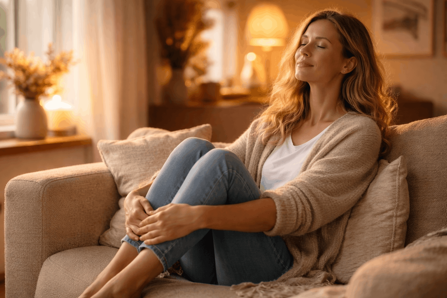 Mama entspannt auf dem Sofa bei warmem Licht zur Beruhigung des Nervensystems bei Burnout und innerer Unruhe