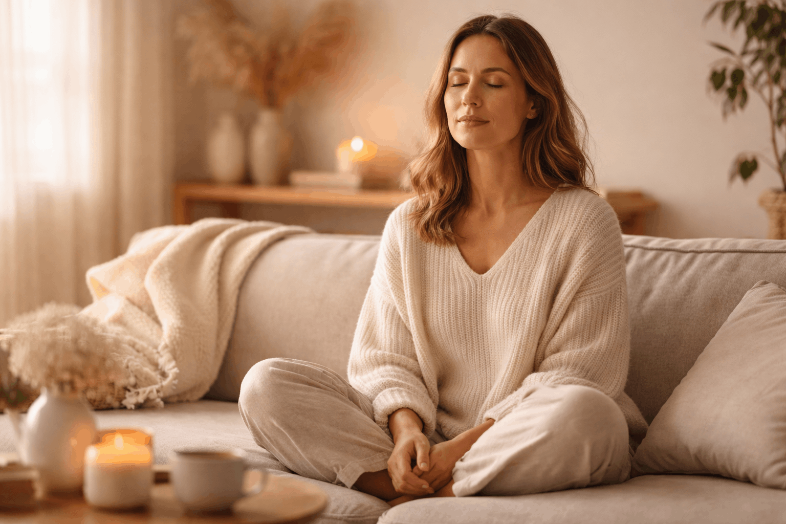 Mama entspannt auf Sofa mit geschlossenen Augen und reguliert ihr Nervensystem im Alltag
