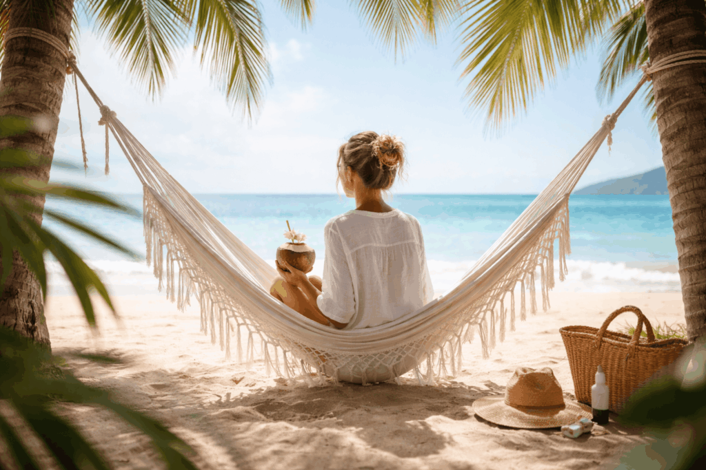 Frau entspannt in einer Hängematte am Strand mit Meerblick – Entspannung im Urlaub durch Ruhe und bewusste Auszeit