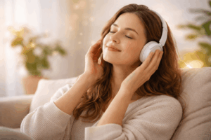 Entspannte Frau hört binaurale Beats mit Kopfhörern zur Reduzierung von Angst und zur Beruhigung des Nervensystems