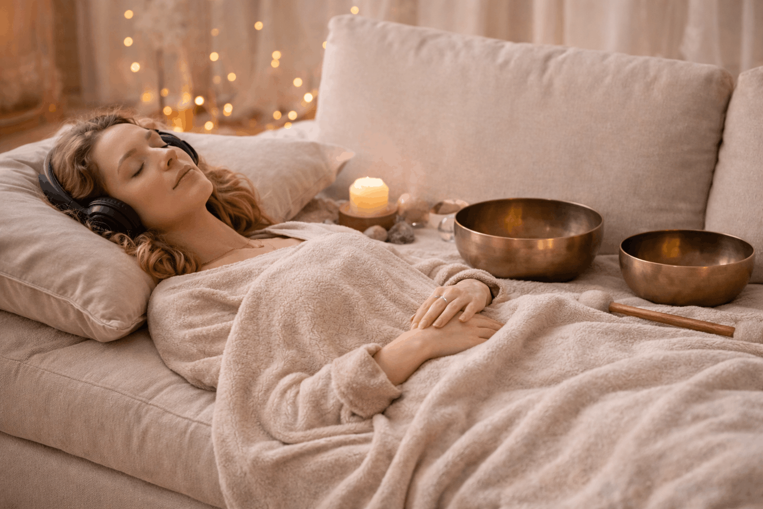 Frau hört Klangbad mit Kopfhörern zur schnellen Nervensystem Regulierung und Stressreduktion