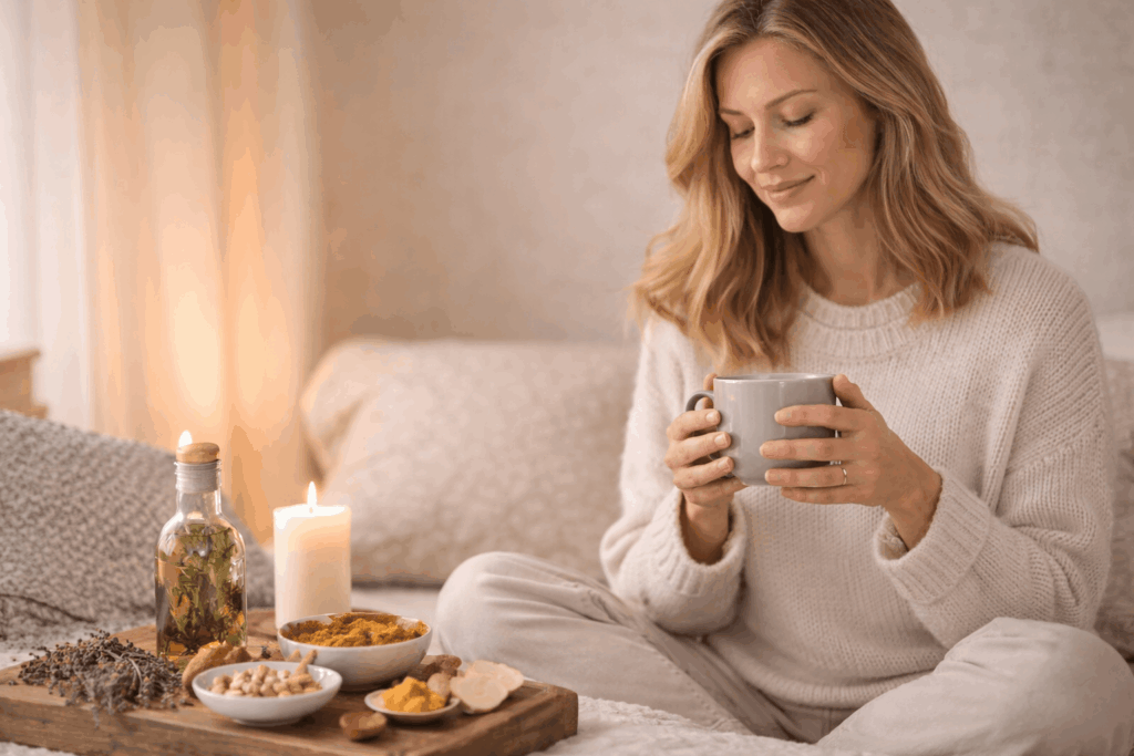 Frau entspannt mit Tee und beruhigenden Lebensmitteln zur Unterstützung bei Reizdarm und Nervensystem Regulation