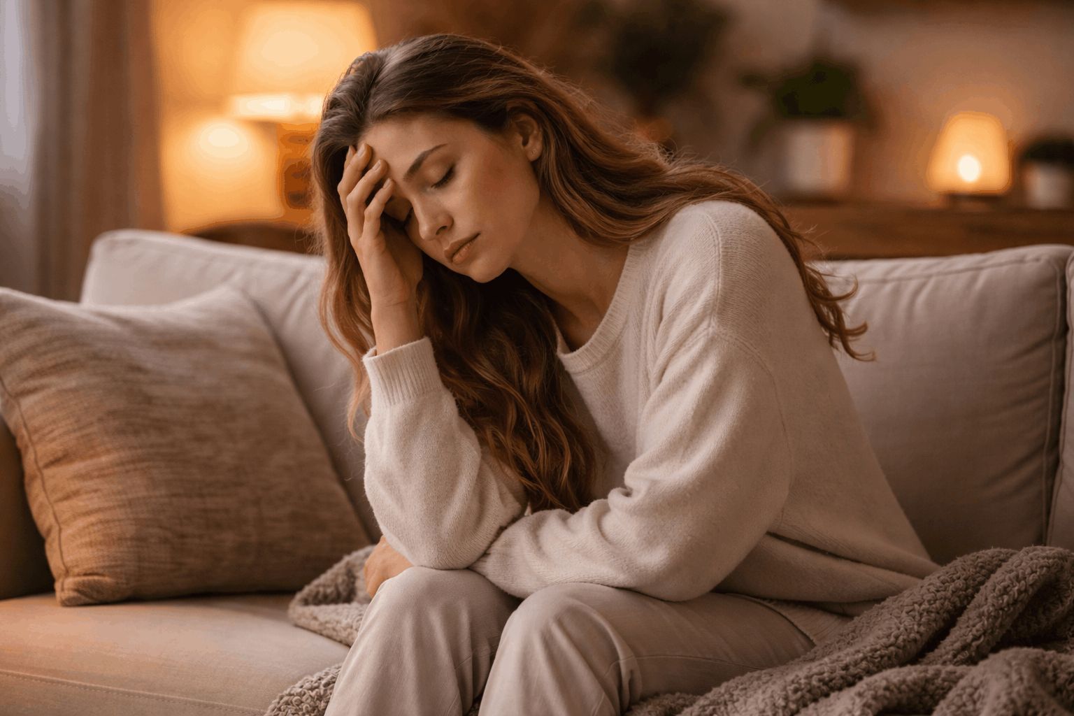 Erschöpfte Frau sitzt müde auf dem Sofa bei warmem Licht – mögliches Anzeichen für Eisenmangel und Müdigkeit