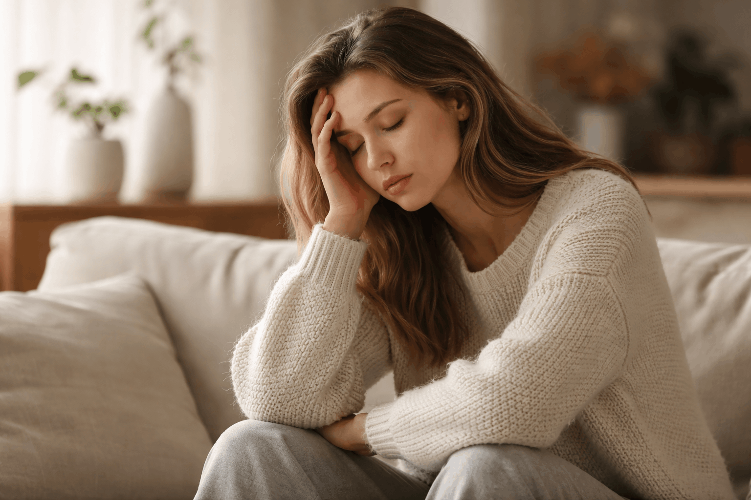 Erschöpfte Frau sitzt ruhig da und wirkt müde – mögliches Zeichen für Schilddrüsenprobleme und chronische Müdigkeit