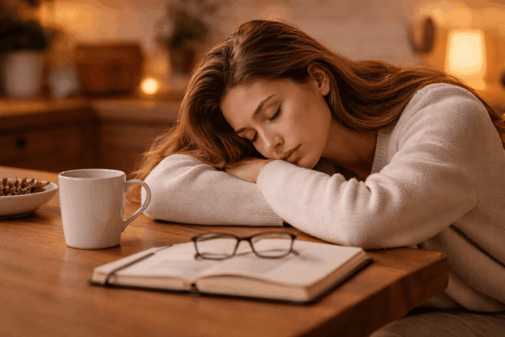 Frau wirkt erschöpft und energielos – mögliche Symptome von Eisenmangel und anhaltender Müdigkeit