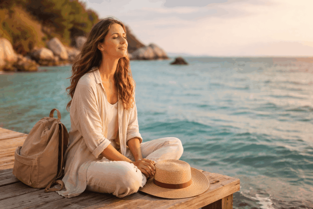 Frau entspannt auf Reise mit ruhiger Atmosphäre zur Beruhigung eines sensiblen Nervensystems