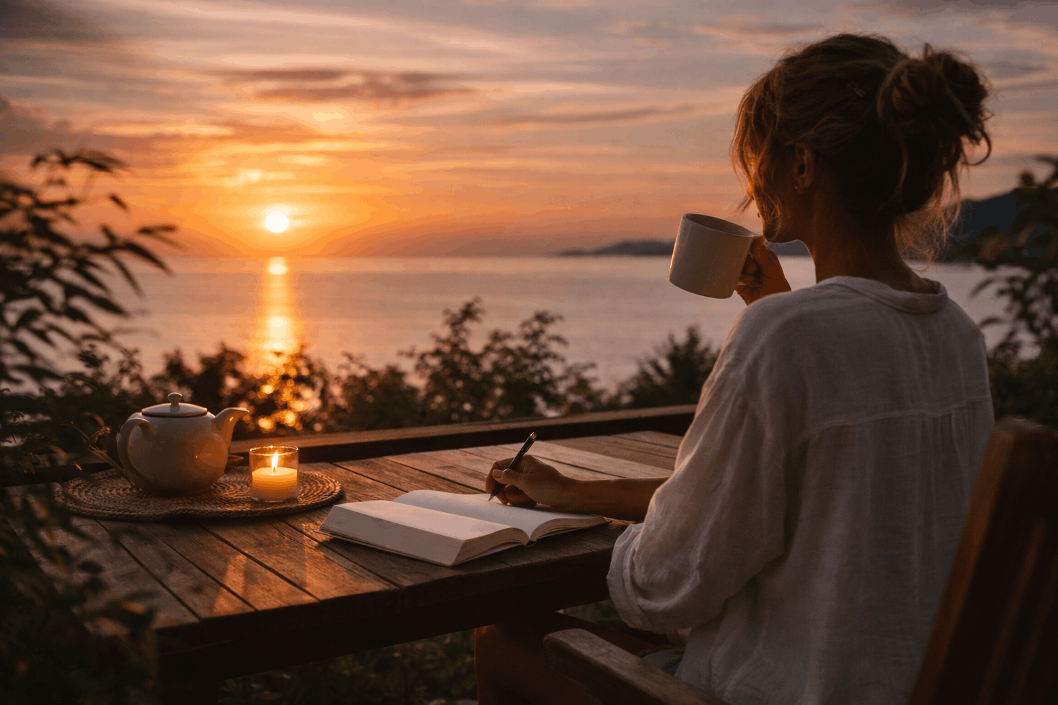 Frau genießt ruhiges Abendritual im Urlaub – Entspannung im Urlaub durch bewusstes Entspannungsritual