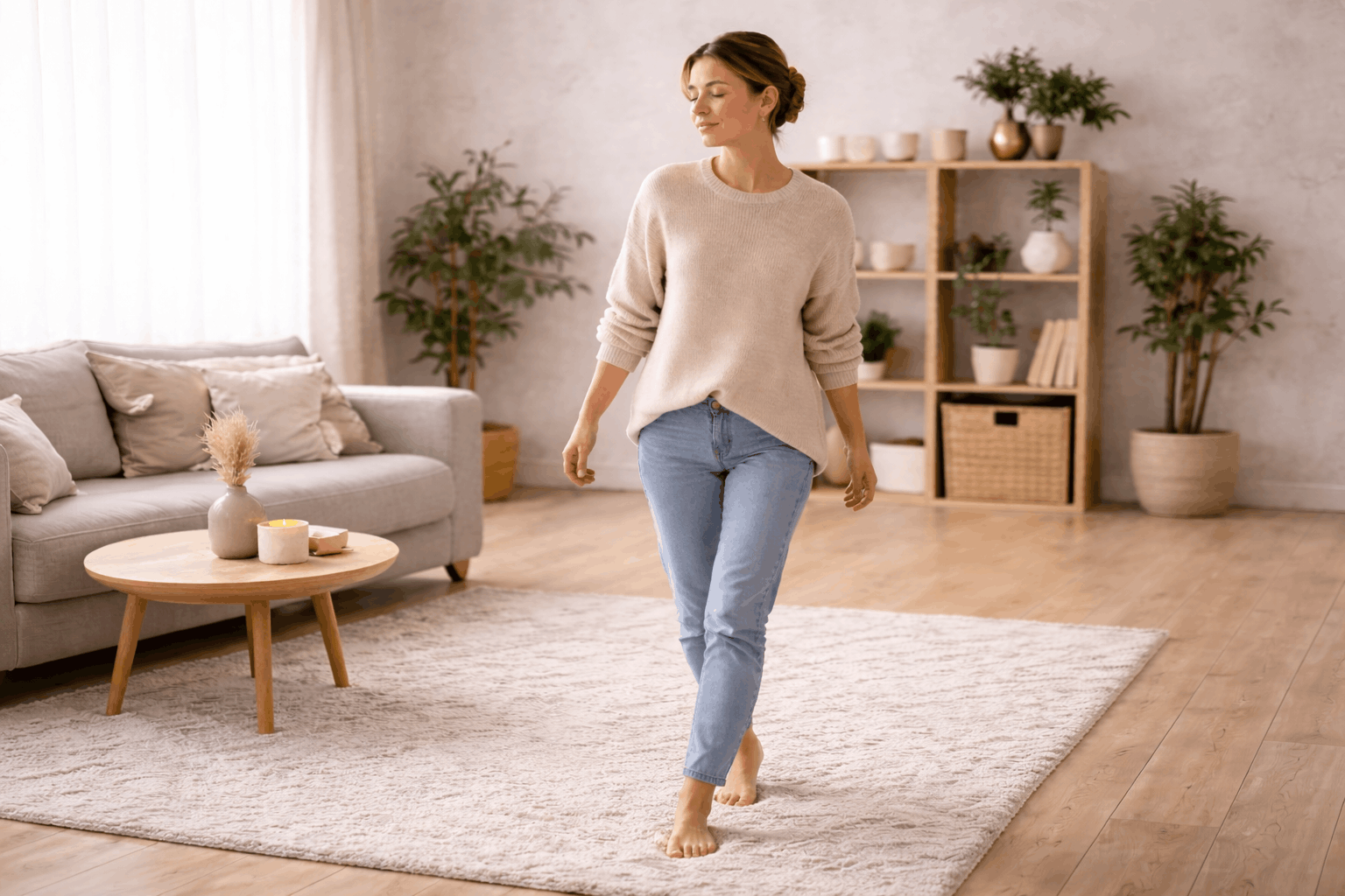 Frau bewegt sich langsam barfuß im Wohnzimmer zur Beruhigung bei Panikattacke und Angst