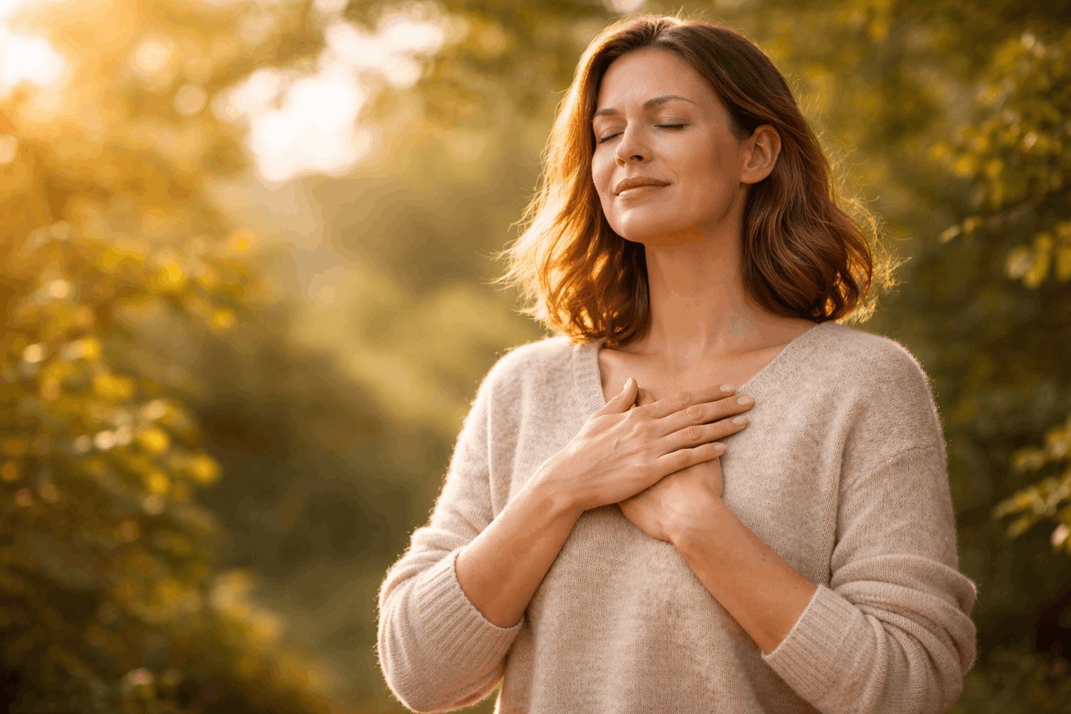 Frau in der Natur im Sonnenlicht mit geschlossenen Augen und ruhigem Nervensystem bei Blähbauch durch Stress