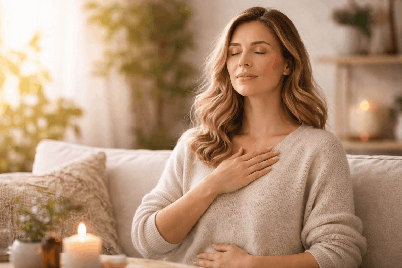 Frau sitzt entspannt und bereitet sich auf Vagusnerv Übungen zur Beruhigung des Nervensystems vor