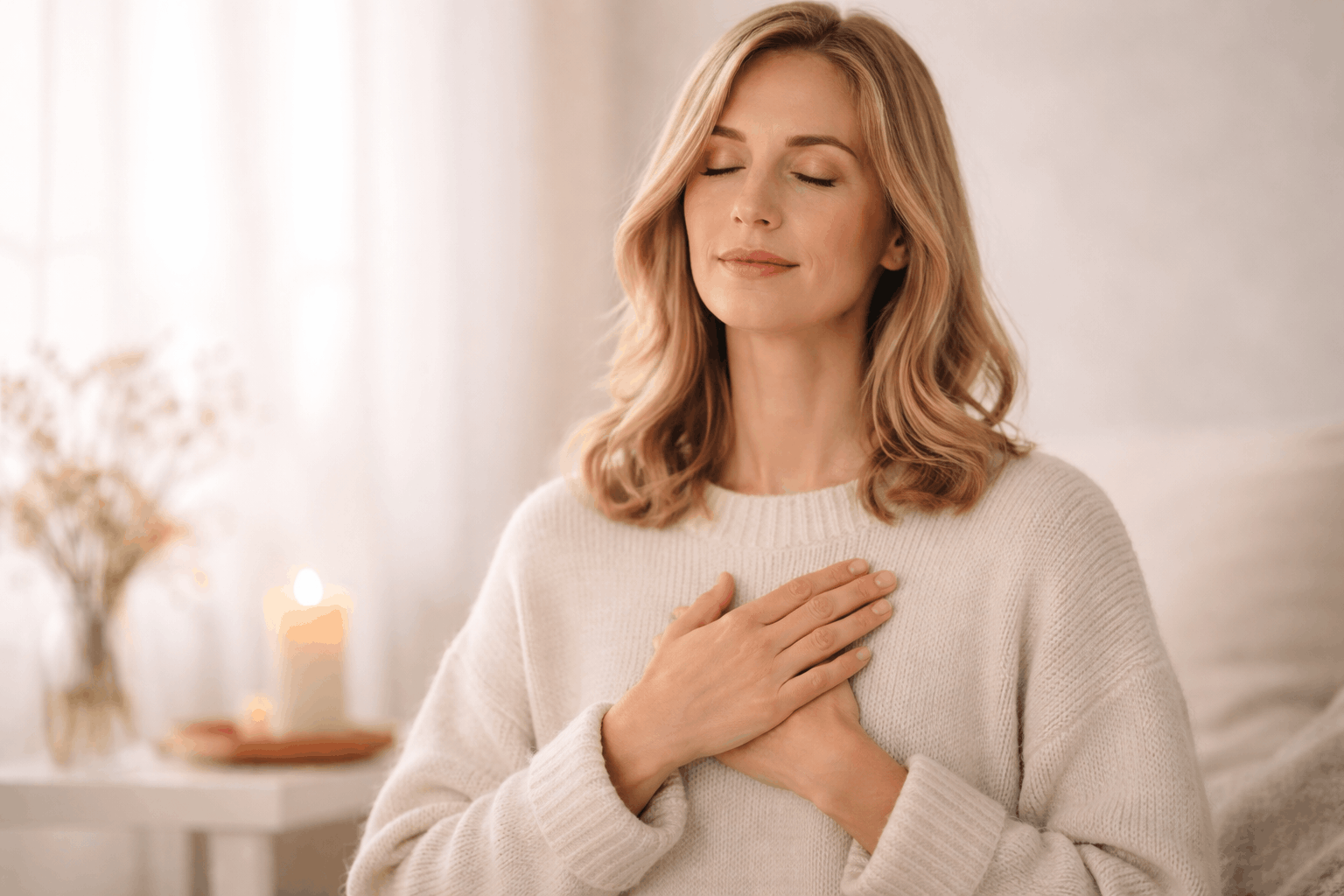 Ruhige Frau mit geschlossenen Augen legt Hände aufs Herz zur Beruhigung des Nervensystems bei Reizüberflutung