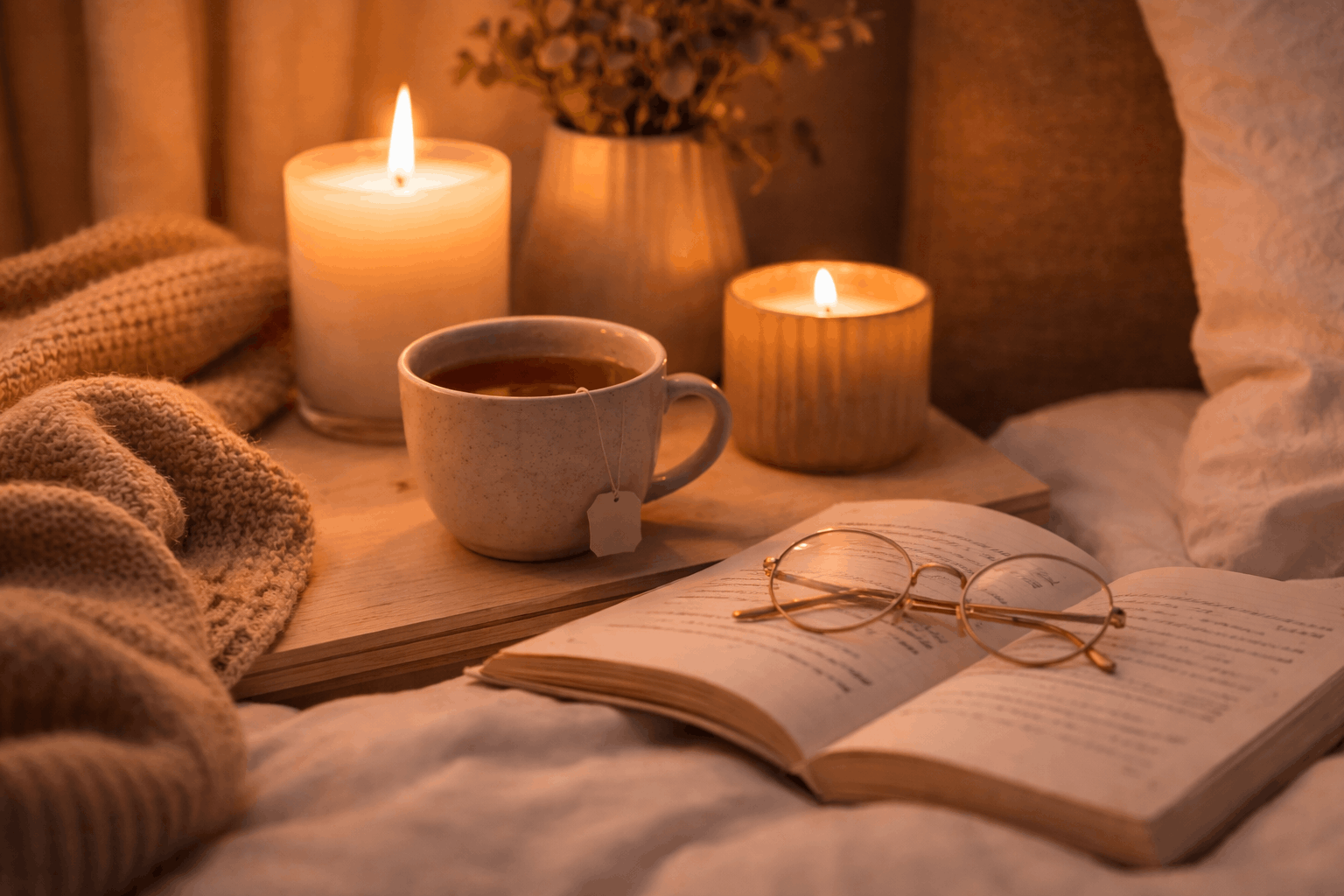 ruhige Abendroutine mit Kerzen Buch und Tee Entspannung am Abend besser einschlafen Nervensystem beruhigen