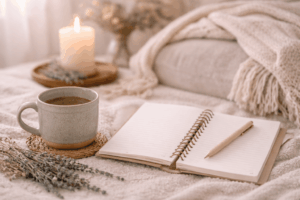 Ruhige Selbstfürsorge Szene mit Tee und Notizbuch als Symbol für Nervensystem regulieren und Kontrolle loslassen zur Reduzierung von Angst
